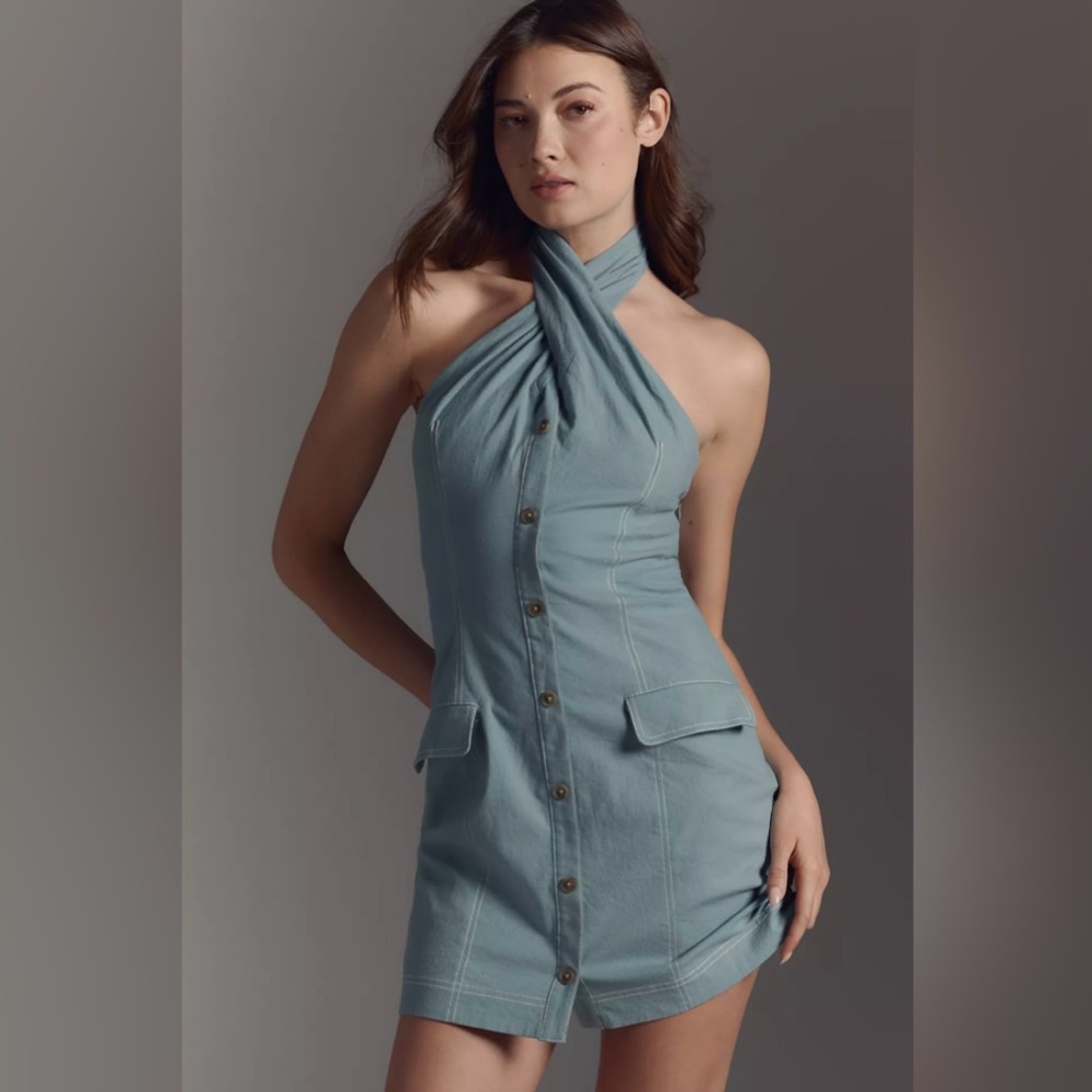 ANTHROPOLOGIE Maeve Twist-Halter Linen Blend Mini Dress NWT Size Large